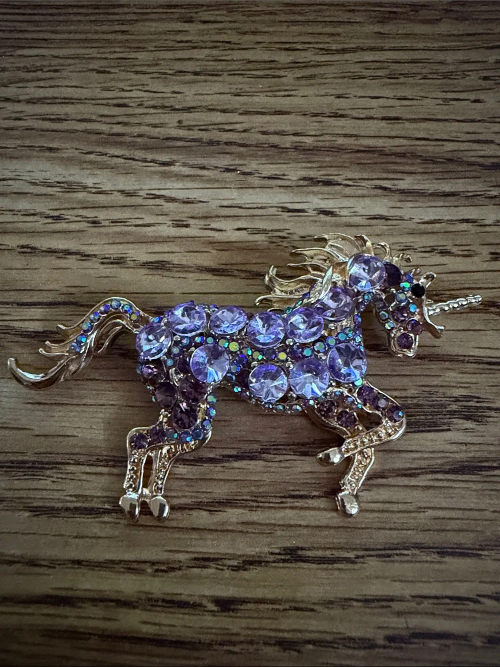 Lavender Crystal Unicorn Brooch in Gold-Tone Metal
